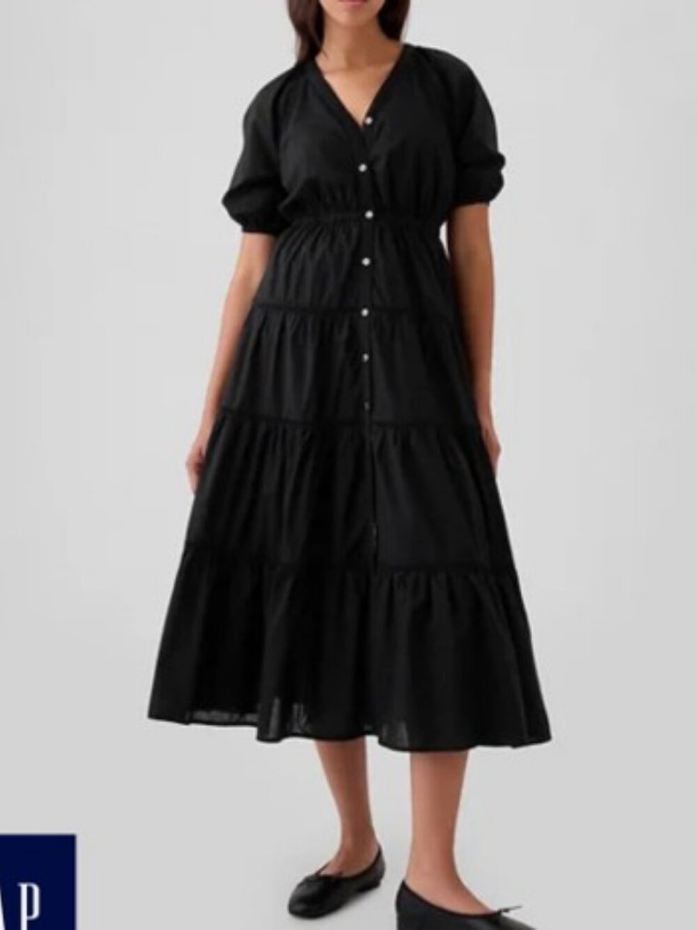 Gap Tiered Maxi Shirt Dress Black Short Sleeves V-Neck Cotton L